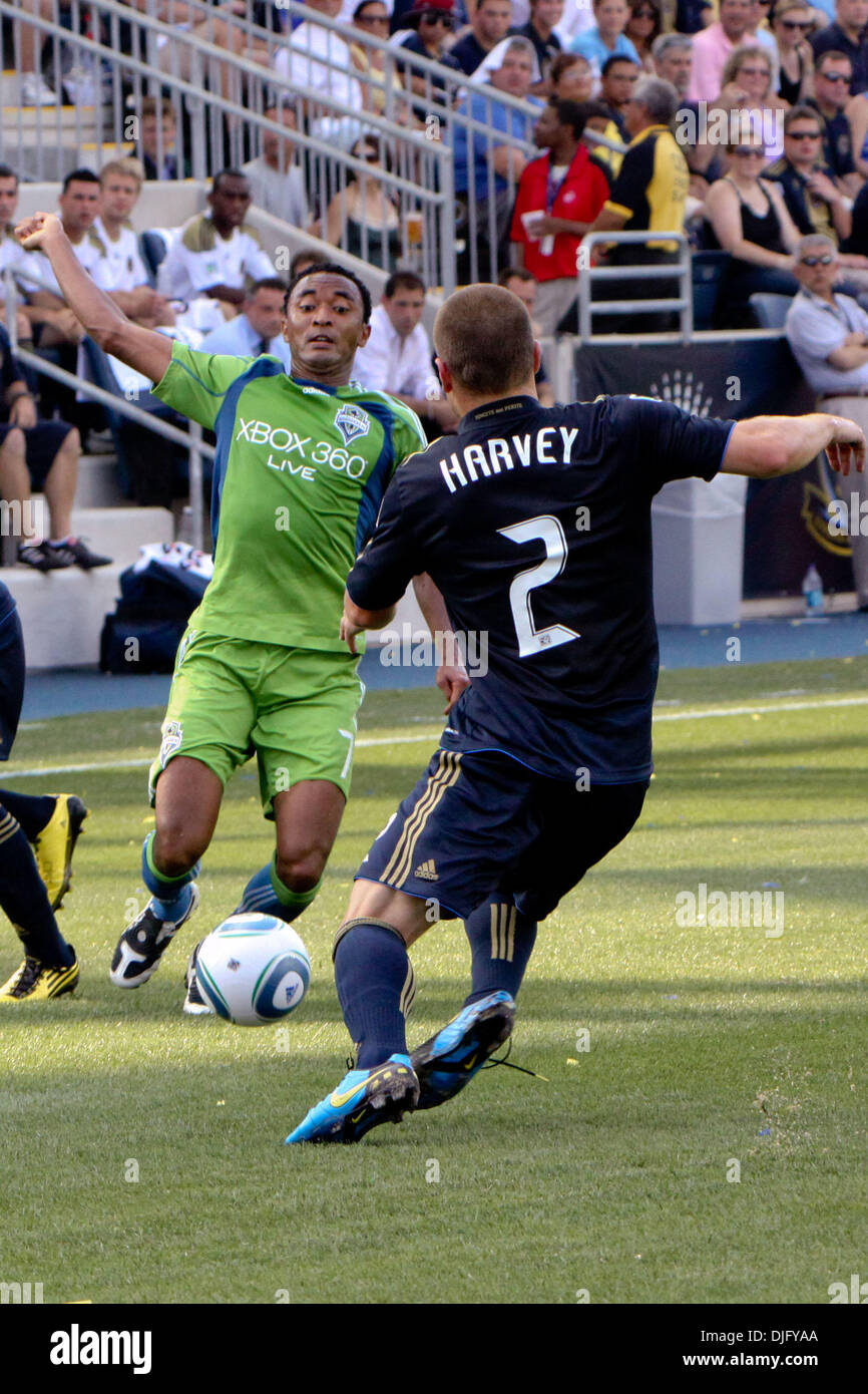 Philadelphia Union defender Jordan Harvey (#2) prepares to take on Seattle  Sounders defender James Riley (#7) during the team's park opener at PPL  Park in Chester, PA. The Union won 3-1. (Credit