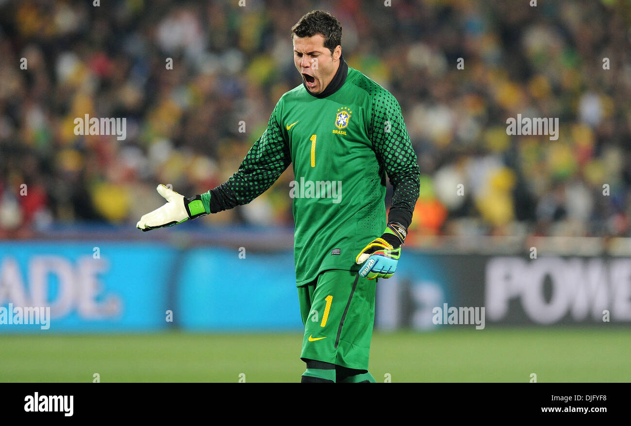 June 28, 2010 - Johannesburg, South Africa - Julio Cesar of Brazil gestures during the 2010 FIFA World Cup soccer match between Brazil and Chile at Ellis Park Stadium on June 28, 2010 in Johannesburg, South Africa. (Credit Image: © Luca Ghidoni/ZUMApress.com) Stock Photo