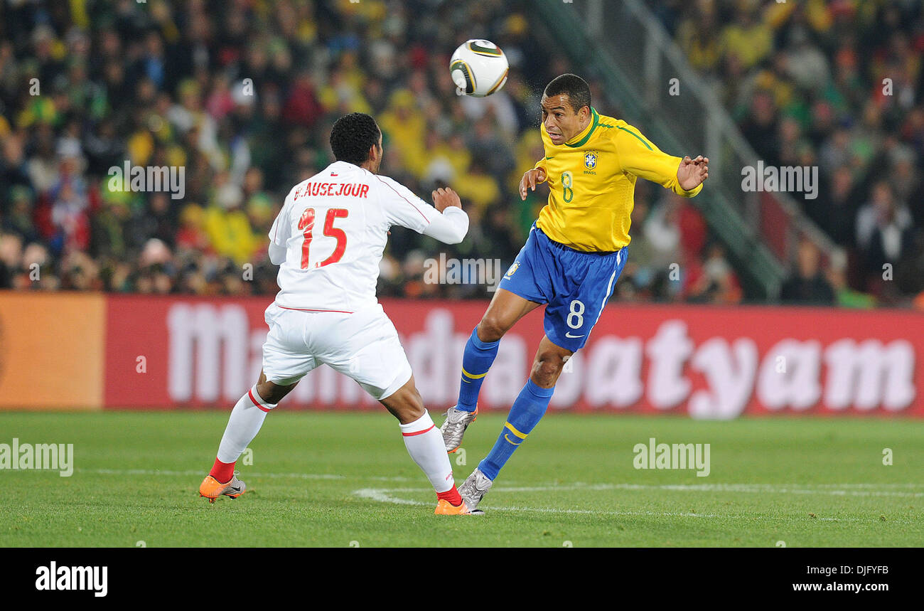 June 28, 2010 - Johannesburg, South Africa - Gilberto Silva of Brazil fights for the ball with Jean Beausejour of Chile during the 2010 FIFA World Cup soccer match between Brazil and Chile at Ellis Park Stadium on June 28, 2010 in Johannesburg, South Africa. (Credit Image: © Luca Ghidoni/ZUMApress.com) Stock Photo