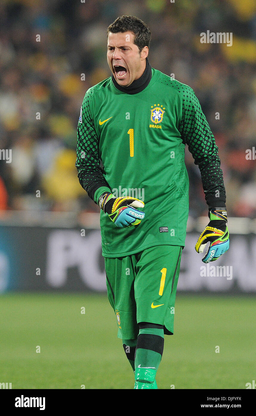 June 28, 2010 - Johannesburg, South Africa - Julio Cesar of Brazil reacts during the 2010 FIFA World Cup soccer match between Brazil and Chile at Ellis Park Stadium on June 28, 2010 in Johannesburg, South Africa. (Credit Image: © Luca Ghidoni/ZUMApress.com) Stock Photo