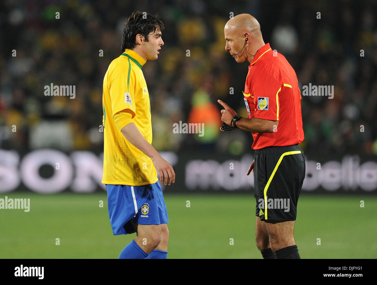 June 28, 2010 - Johannesburg, South Africa - Kaka of Brazil speaks with referee Howard Webb during the 2010 FIFA World Cup soccer match between Brazil and Chile at Ellis Park Stadium on June 28, 2010 in Johannesburg, South Africa. (Credit Image: © Luca Ghidoni/ZUMApress.com) Stock Photo