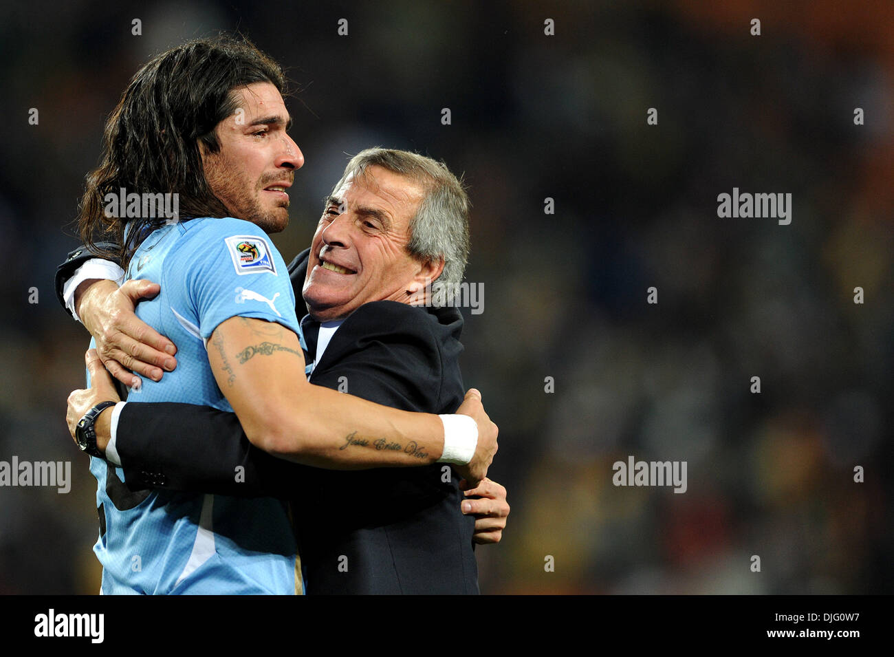 July 02, 2010 - Johannesburg, South Africa - Sebastian Abreu of Uruguay celebrates the victory with Oscar Tabarez, coach of Uruguay during the 2010 FIFA World Cup Quarter Final soccer match between Uruguay and Ghana at Soccer City Stadium on June 02, 2010 in Johannesburg, South Africa. (Credit Image: © Luca Ghidoni/ZUMApress.com) Stock Photo