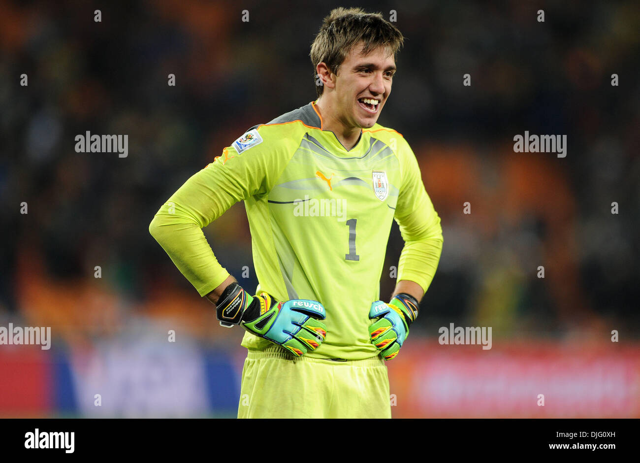 July 02, 2010 - Johannesburg, South Africa - Fernando Muslera of Uruguay smiles after the 2010 FIFA World Cup Quarter Final soccer match between Uruguay and Ghana at Soccer City Stadium on June 02, 2010 in Johannesburg, South Africa. (Credit Image: © Luca Ghidoni/ZUMApress.com) Stock Photo