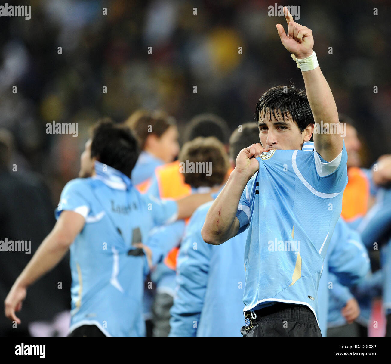July 02, 2010 - Johannesburg, South Africa - Jorge Fucile of Uruguay celebrates after the 2010 FIFA World Cup Quarter Final soccer match between Uruguay and Ghana at Soccer City Stadium on June 02, 2010 in Johannesburg, South Africa. (Credit Image: © Luca Ghidoni/ZUMApress.com) Stock Photo