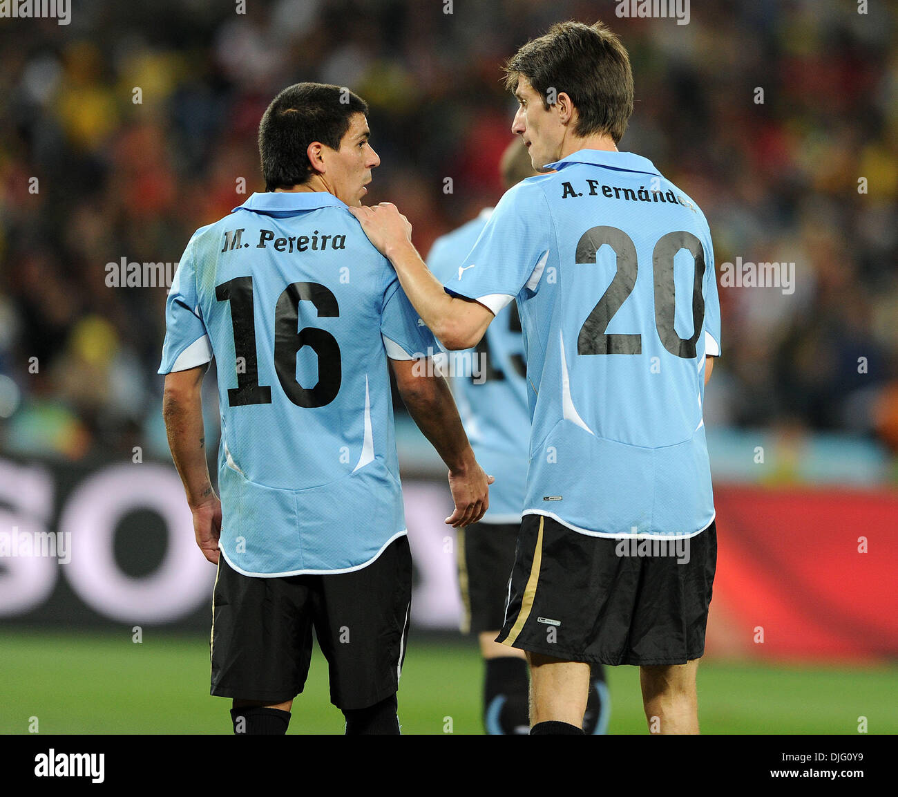 July 02, 2010 - Johannesburg, South Africa - Maximiliano Pereira of Uruguay speaks with Alvaro Fernandez during the 2010 FIFA World Cup Quarter Final soccer match between Uruguay and Ghana at Soccer City Stadium on June 02, 2010 in Johannesburg, South Africa. (Credit Image: © Luca Ghidoni/ZUMApress.com) Stock Photo