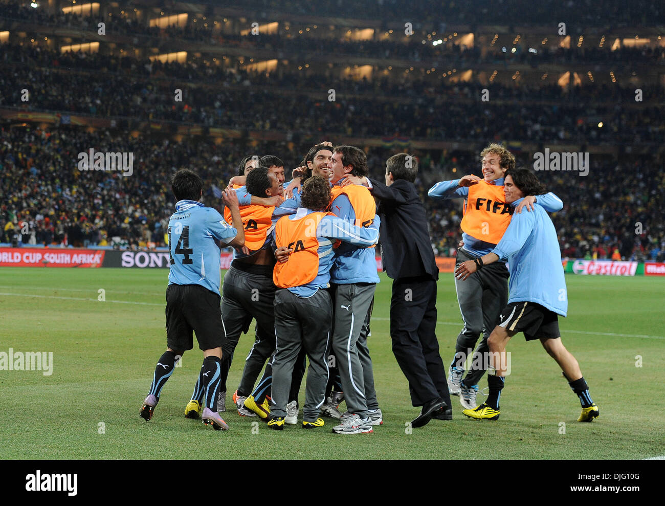 July 02, 2010 - Johannesburg, South Africa - Sebastian Abreu of Uruguay celebrates scoring the winning penalty with team mates during the 2010 FIFA World Cup Quarter Final soccer match between Uruguay and Ghana at Soccer City Stadium on June 02, 2010 in Johannesburg, South Africa. (Credit Image: © Luca Ghidoni/ZUMApress.com) Stock Photo