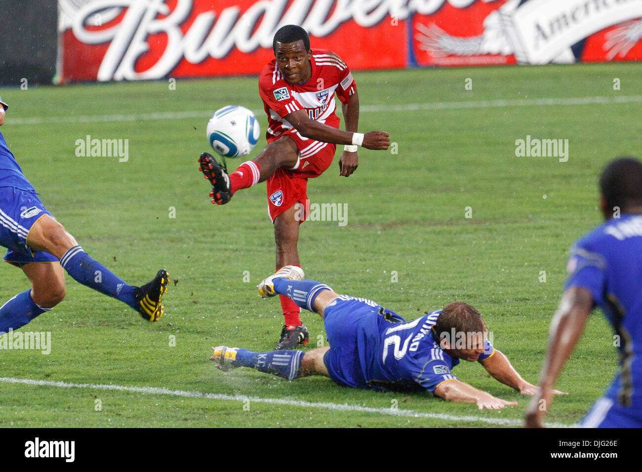 July 03, 2010 - Frisco, Texas, USA - 03 July 2010:  FC Dallas midfielder Marvin Chavez (#18) takes a shot on goal against the KC Wizards.  FC Dallas won the match 1-0 at Pizza Hut Park in Frisco, Texas.  Credit: Andrew Dieb / Southcreek Global (Credit Image: © Andrew Dieb/Southcreek Global/ZUMApress.com) Stock Photo