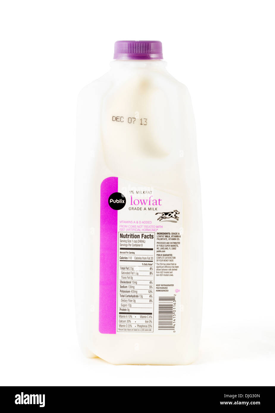Container of Publix fresh 1% low fat milk, USA Stock Photo