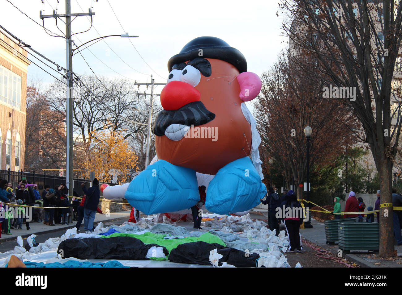 STAMFORD, CT - NOVEMBER 23, 2013: Mr. Potato Head is being inflated in the preparation for the yearly UBS Parade Spectacular on Stock Photo