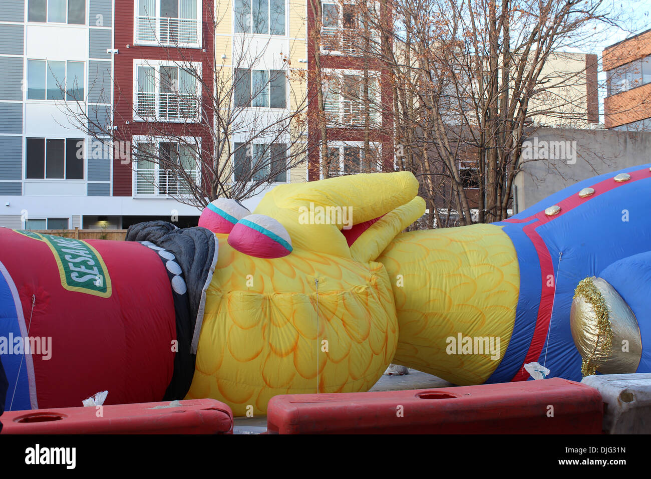 STAMFORD, CT - NOVEMBER 23, 2013: Big Bird is being inflated in the preparation for the yearly UBS Parade Spectacular on Novembe Stock Photo