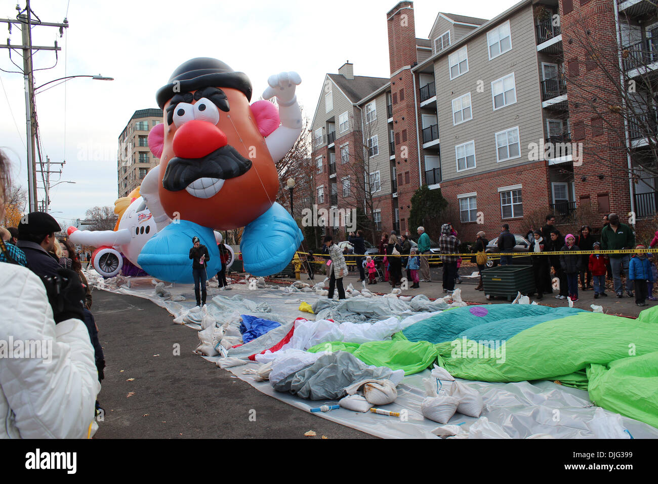 STAMFORD, CT - NOVEMBER 23, 2013: Mr.Potato Head is being inflated in the preparation for the yearly UBS Parade Spectacular on N Stock Photo