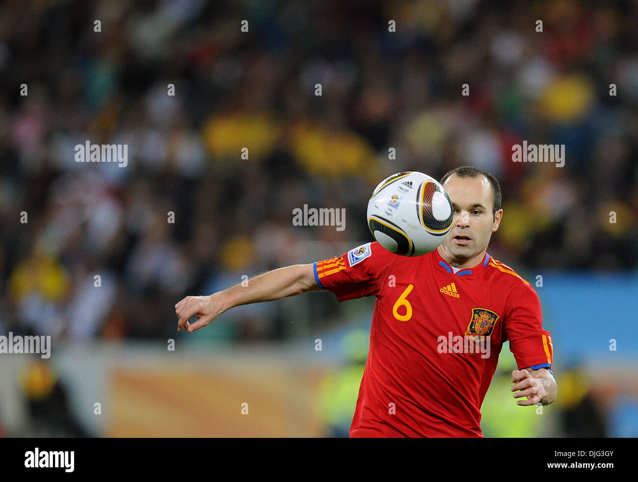 July 07, 2010 - Durban, South Africa - Andres Iniesta of Spain eyes the ball during the 2010 FIFA World Cup Semi Final soccer match between Germany and Spain at Princess Magogo Stadium on July 7, 2010 in Durban, South Africa. (Credit Image: © Luca Ghidoni/ZUMApress.com) Stock Photo