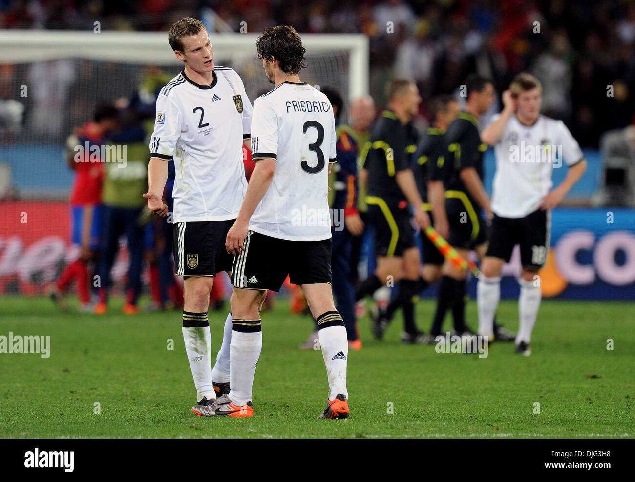 July 07, 2010 - Durban, South Africa - Marcell Jansen of Germany speaks with Arne Friedrich after the 2010 FIFA World Cup Semi Final soccer match between Germany and Spain at Princess Magogo Stadium on July 7, 2010 in Durban, South Africa. (Credit Image: © Luca Ghidoni/ZUMApress.com) Stock Photo