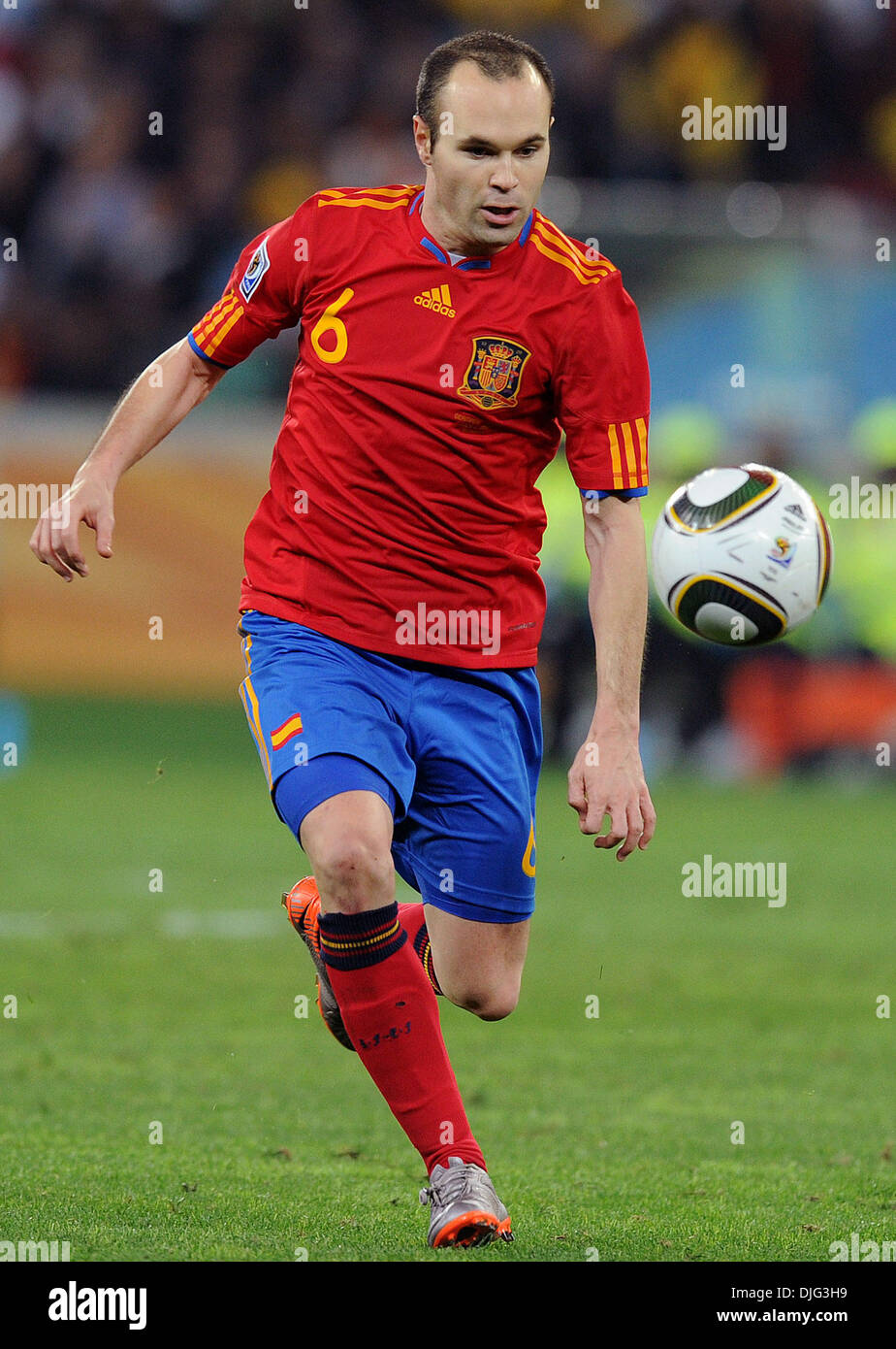 July 07, 2010 - Durban, South Africa - Andres Iniesta of Spain in action during the 2010 FIFA World Cup Semi Final soccer match between Germany and Spain at Princess Magogo Stadium on July 7, 2010 in Durban, South Africa. (Credit Image: © Luca Ghidoni/ZUMApress.com) Stock Photo
