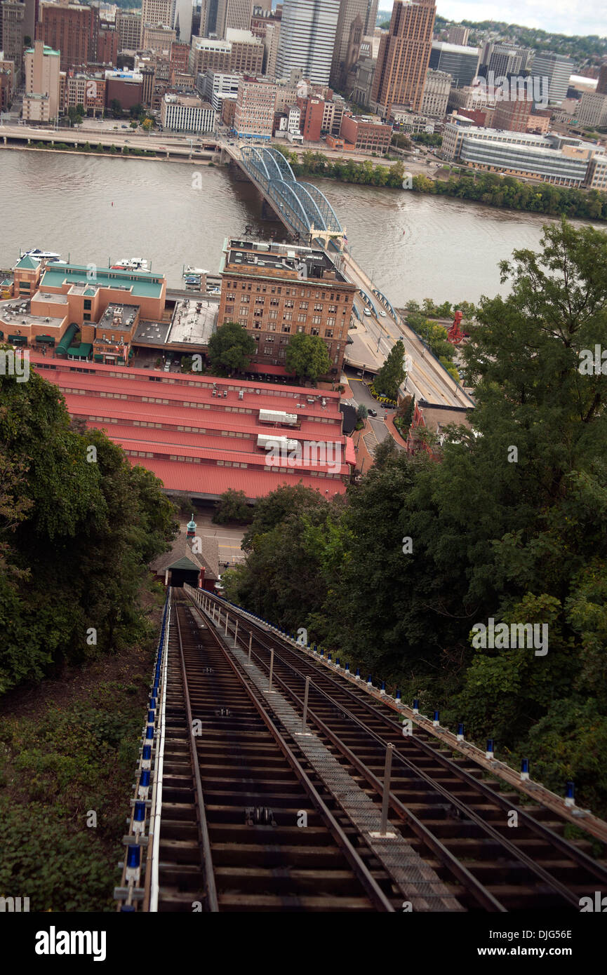 Monongahela Incline funicular with the Smithfield Street Bridge