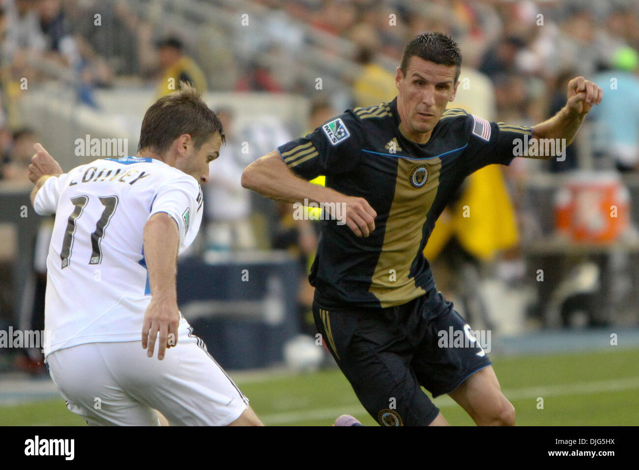 Philadelphia Union midfielder Sebastien Le Toux (#9) and San Jose Earthquakes midfielder Bobby Convey (#11) fight for the ball during the match at PPL Park in Chester, PA. The Union lost 2-1. (Credit Image: © Kate McGovern/Southcreek Global/ZUMApress.com) Stock Photo