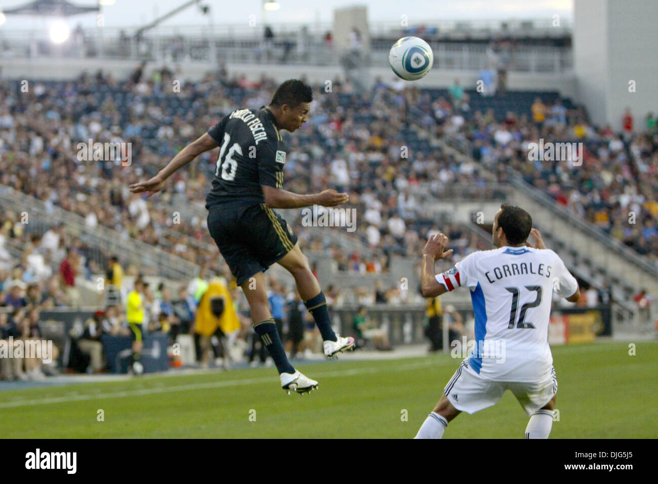 Philadelphia Union defender Michael Orozco Fiscal (#16) heads the ball over San Jose Earthquakes defender Ramiro Corrales (#12) during the match against the Philadelphia Union at PPL Park in Chester, PA. The Union lost 2-1. (Credit Image: © Kate McGovern/Southcreek Global/ZUMApress.com) Stock Photo