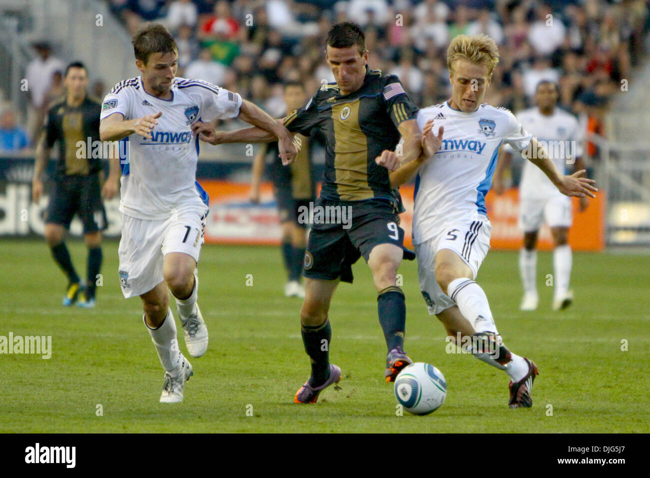 Philadelphia Union midfielder Sebastien Le Toux (#9) tries to out run San Jose Earthquakes midfielders Bobby Convey (#11) and Brad Ring (#5) during the match at PPL Park in Chester, PA. The Union lost 2-1. (Credit Image: © Kate McGovern/Southcreek Global/ZUMApress.com) Stock Photo