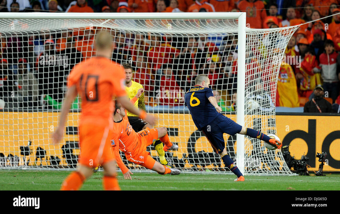 July 11, 2010 - Johannesburg, South Africa - Andres Iniesta of Netherlands scores a goal during the 2010 FIFA World Cup Final soccer match between Netherlands and Spain at Soccer City Stadium on July 11, 2010 in Johannesburg, South Africa. (Credit Image: © Luca Ghidoni/ZUMApress.com) Stock Photo
