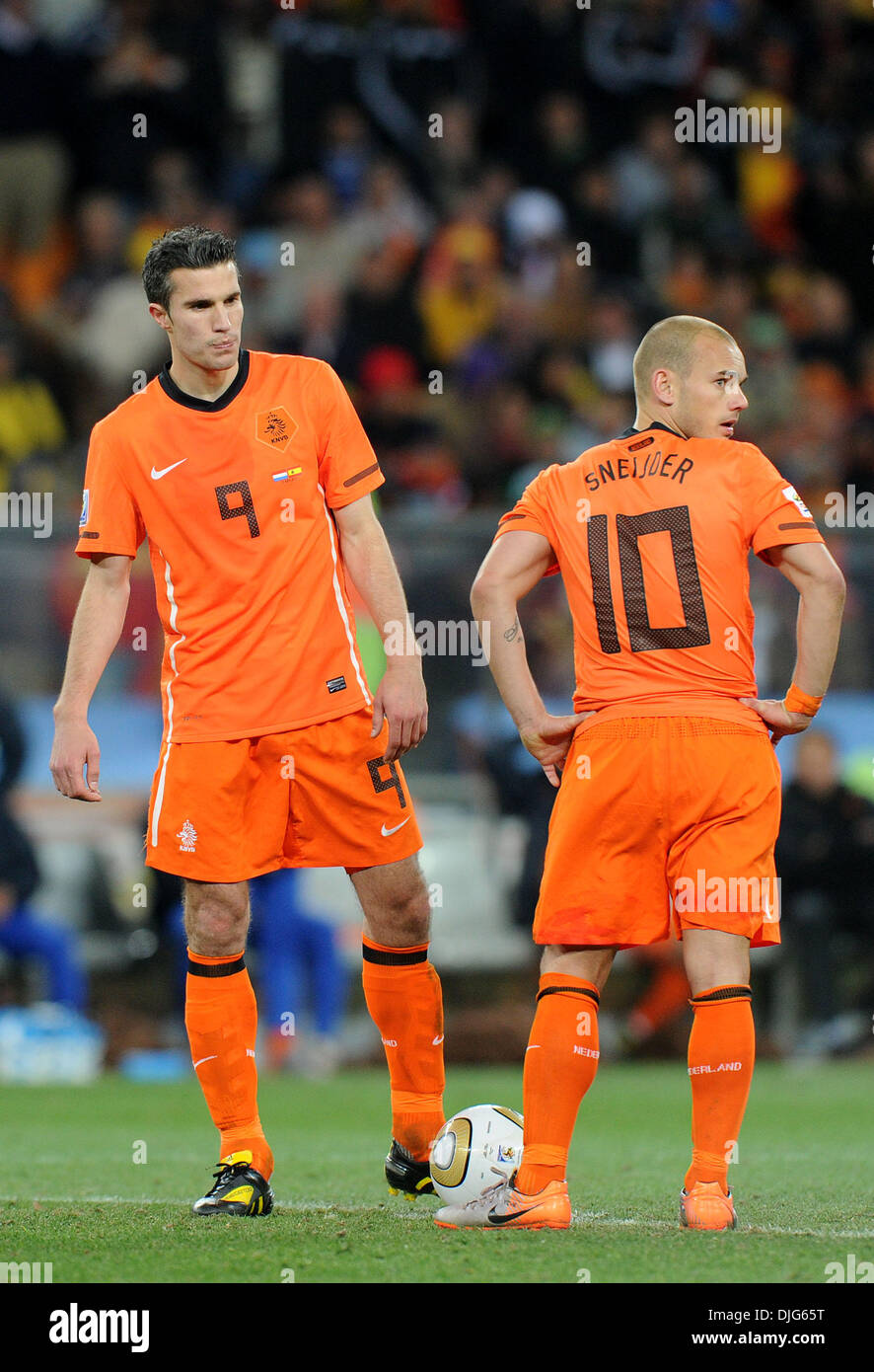 July 11, 2010 - Johannesburg, South Africa - Robin Van Persie and Wesley Sneijder of Netherlands react during the 2010 FIFA World Cup Final soccer match between Netherlands and Spain at Soccer City Stadium on July 11, 2010 in Johannesburg, South Africa. (Credit Image: © Luca Ghidoni/ZUMApress.com) Stock Photo
