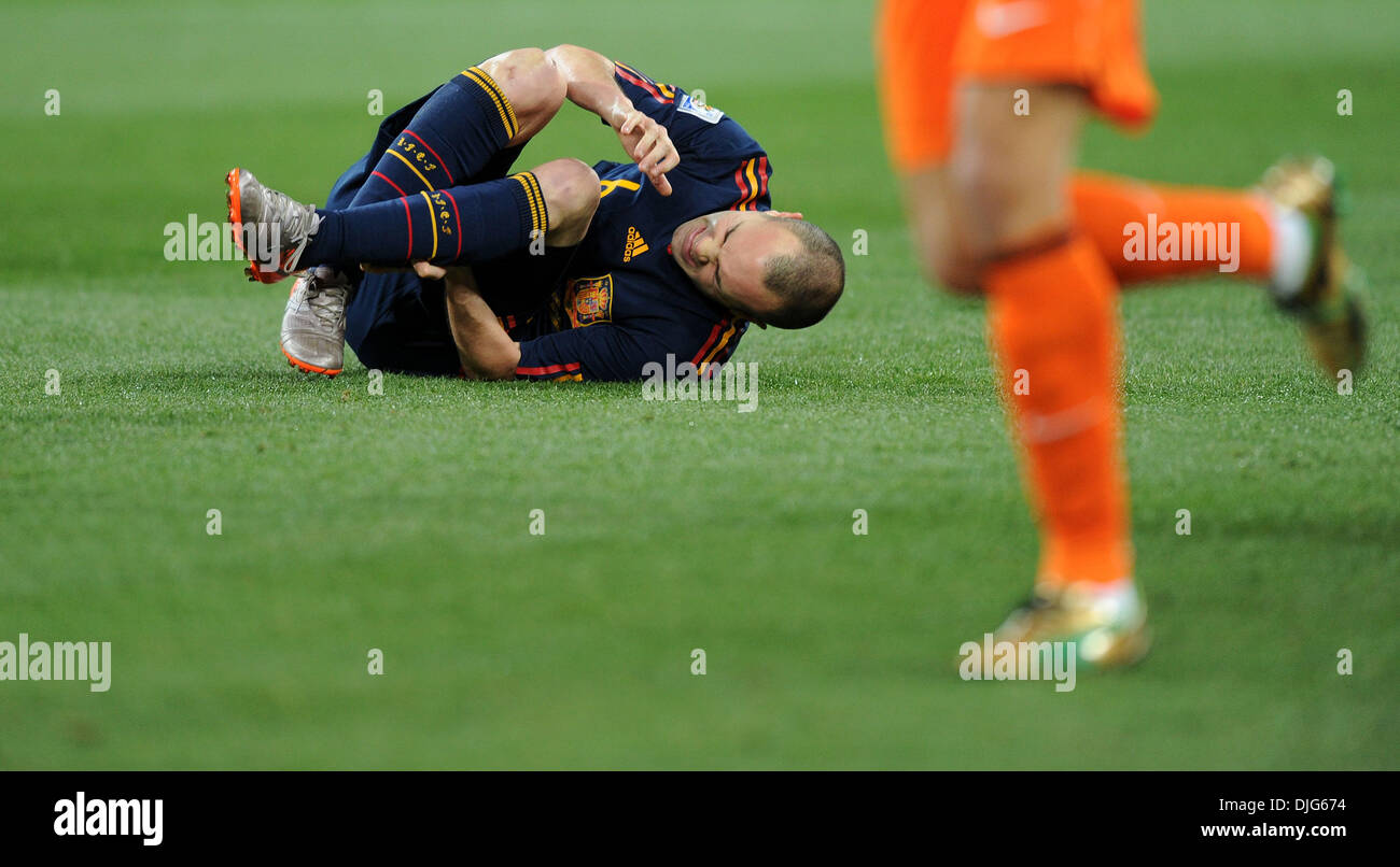 July 11, 2010 - Johannesburg, South Africa - Andres Iniesta of Spain falls on the pitch during the 2010 FIFA World Cup Final soccer match between Netherlands and Spain at Soccer City Stadium on July 11, 2010 in Johannesburg, South Africa. (Credit Image: © Luca Ghidoni/ZUMApress.com) Stock Photo