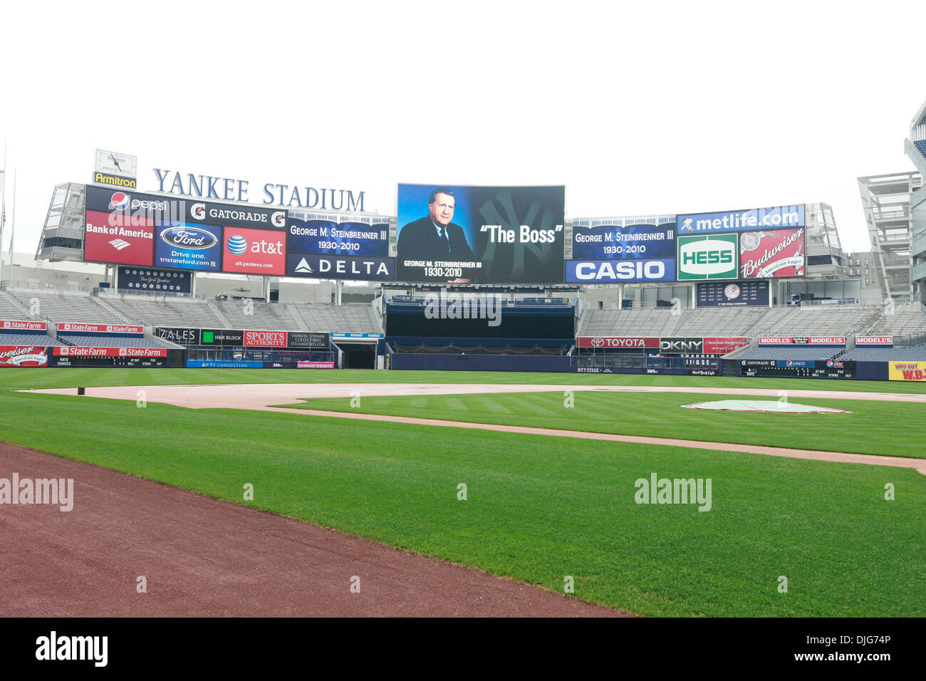 Jul 13, 2010 - Bronx, New York, USA - Yankee Stadium on the day George M. Steinbrenner III, principal owner of the New York Yankees franchise dies. PICTURED: Interior photo of George on Jumbotron 'The Boss.' (Credit Image: © Angel Chevrestt/ZUMApress.com) Stock Photo