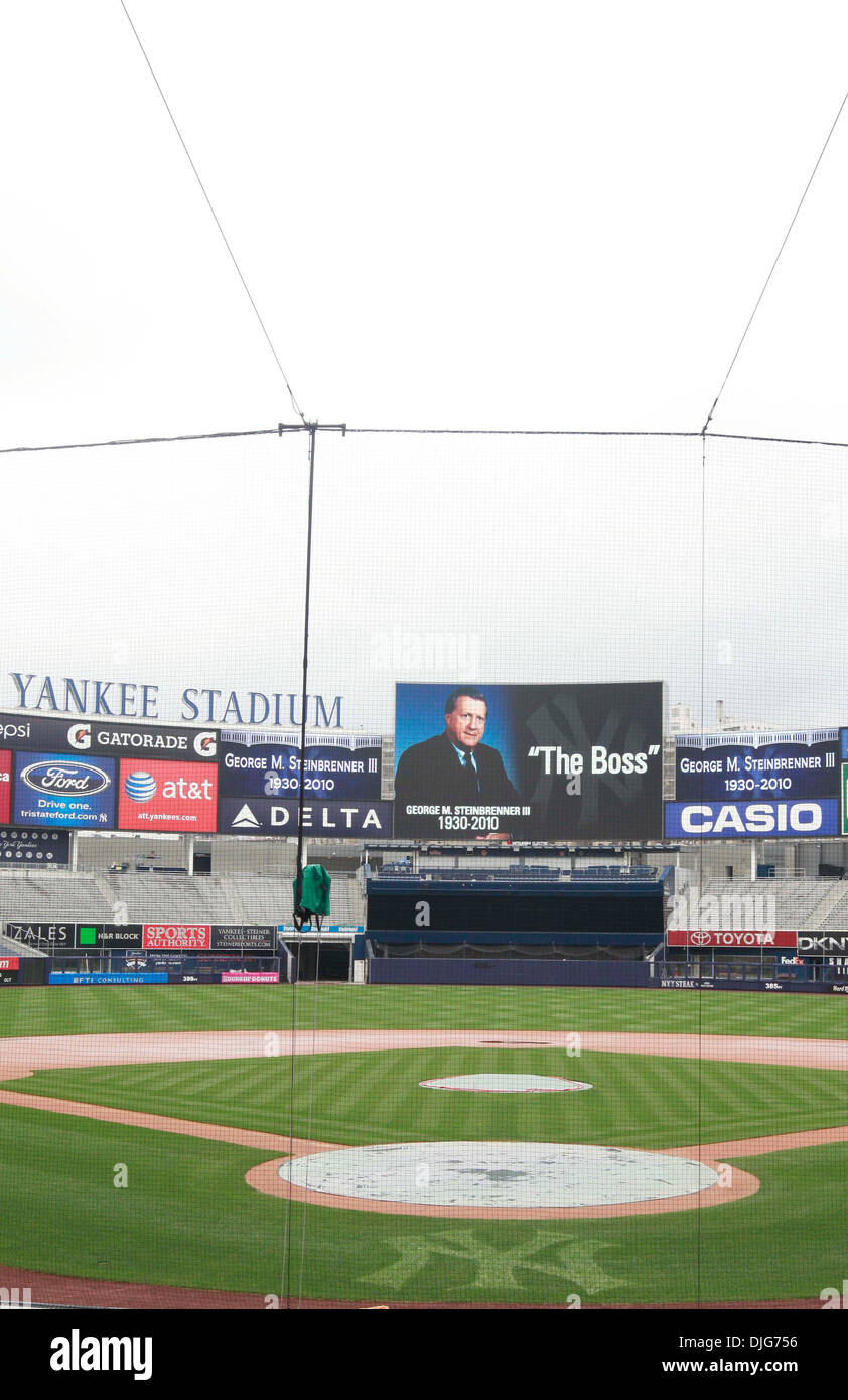 Jul 13, 2010 - Bronx, New York, USA - Yankee Stadium on the day George M. Steinbrenner III, principal owner of the New York Yankees franchise dies. PICTURED: Interior photo of George on Jumbotron 'The Boss.' (Credit Image: © Angel Chevrestt/ZUMApress.com) Stock Photo