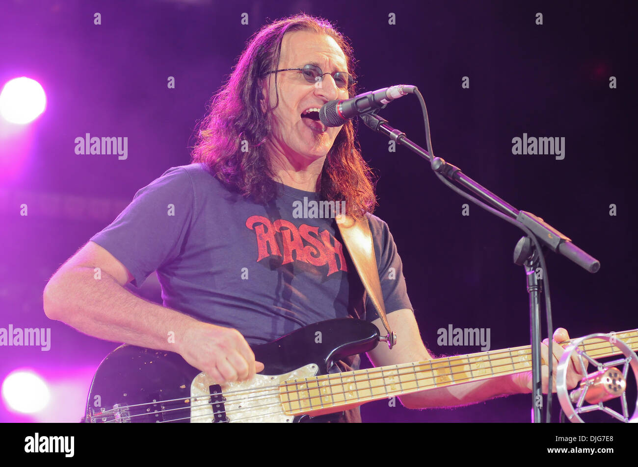 July 13, 2010 - Toronto, Ontario, Canada - 13 July 2010 Toronto, Ontario: Bassist Geddy Lee of the the Canadian rock trio, Rush, played to an enthusiastic, capacity hometown crowd at the Molson Canadian Amphitheatre Tuesday night in Toronto. (Credit Image: © Darren Eagles/Southcreek Global/ZUMApress.com) Stock Photo