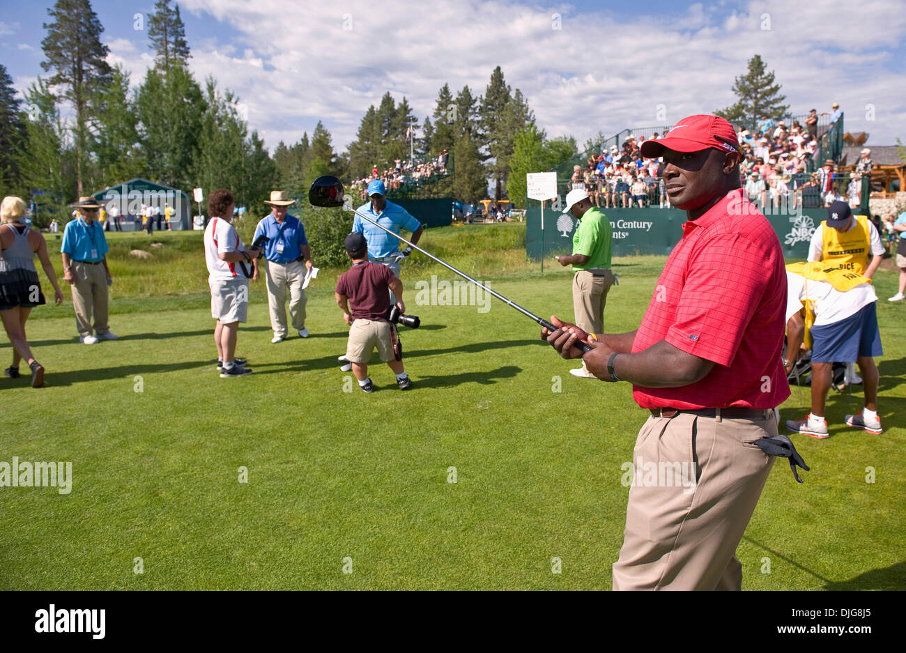 July 16, 2010 - Stateline, Nevada, USA -  Former NFL All-Pro receiver STERLING SHARPE eyes the first fairway before teeing off at the 21st annual American Century Championships at the Edgewood Tahoe Golf Course.  Offering a total purse of 600,000 dollars, the made-for-tv ACC, owned and broadcast by NBC Sports, is the world's premier celebrity golf tournament.  For the fifth year in Stock Photo