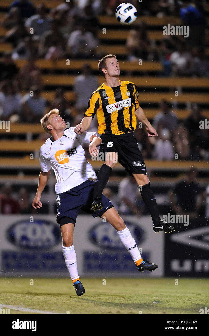 July 16, 2010 - Charleston, South Carolina, United States of America - 17 July 2010: Charleston Battery defender (5) Nigel Marples  cuts off a pass to Bolton Wanderers midfielder Gavin McCann (19) at Blackbaud Stadium in Charleston, South Carolina.  Final Score;  Bolton 2 - Charleston 0.Mandatory Credit: Marty Bingham / Southcreek Global (Credit Image: © Southcreek Global/ZUMApress Stock Photo