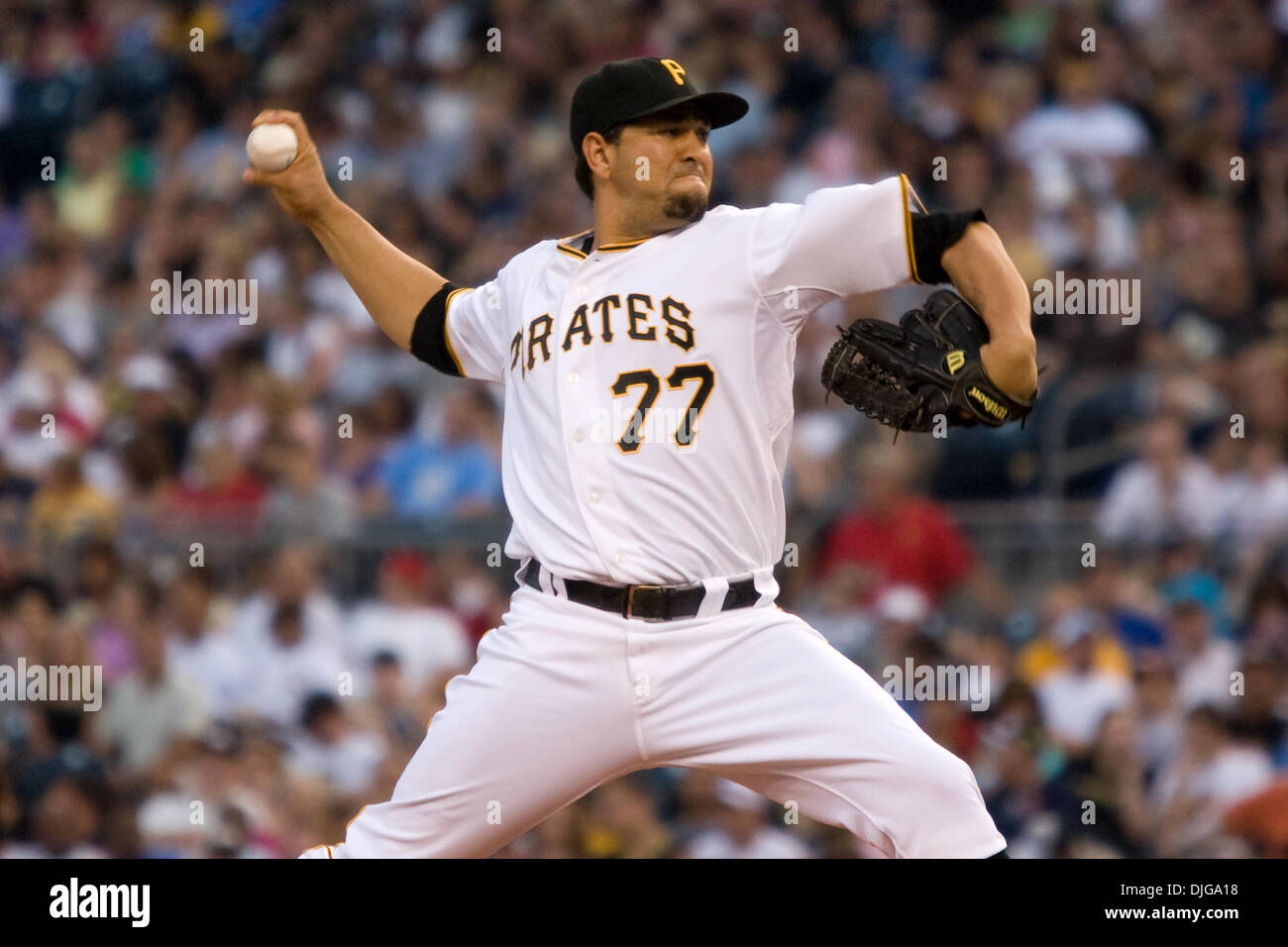 July 17, 2010 - Pittsburgh, Pennsylvania, United States of America - 17 July 2010: Pittsburgh Pirates relief pitcher D.J. Carrasco (77) fires a pitch to the plate during the National League game between the Houston Astros and the Pittsburgh Pirates.  The Pirates defeated the Astros 12-6 before 36,665 fans at PNC Park in Pittsburgh PA.  Mandatory Credit: Frank Jansky / Southcreek Gl Stock Photo