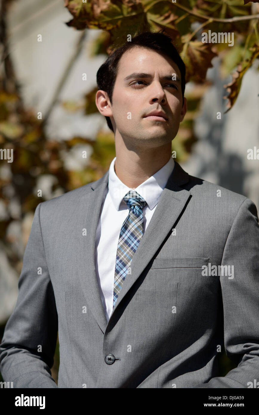 A young businessman in gray suit and plaid necktie looking away, an outdoor portrait. Stock Photo