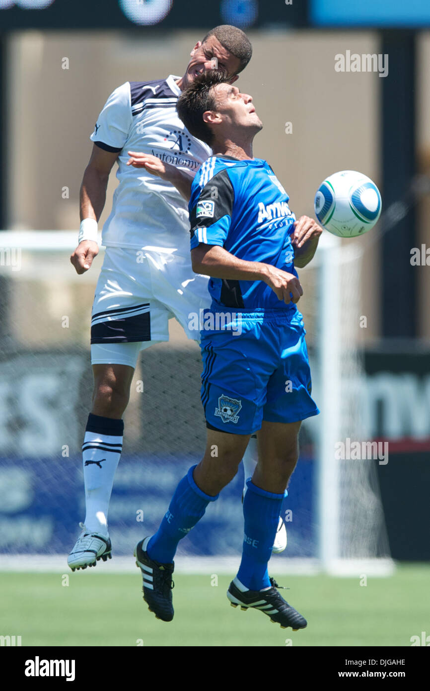 July 17, 2010 - Santa Clara, California, United States of America - 17 July 2010: Tottenham Hotspur D Kyle Walker (28) and San Jose Earthquakes F Chris Wondolowski (8) battle for a header during the exhibition match between the San Jose Earthquakes and Tottenham Hotspur at Buck Shaw Stadium in Santa Clara, CA..Mandatory Credit: Matt Cohen / Southcreek Global (Credit Image: © Southc Stock Photo