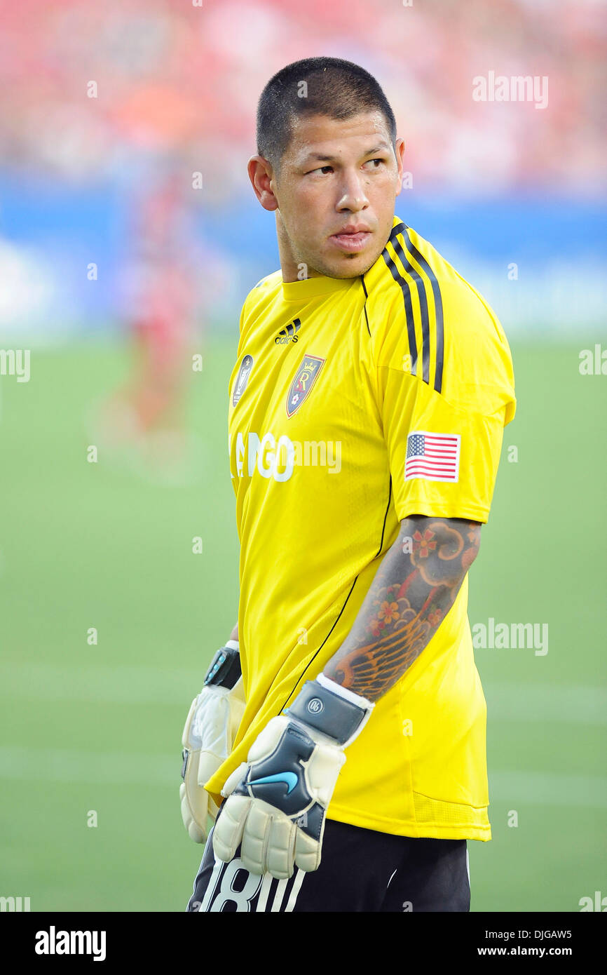 July 17, 2010 - Frisco, Texas, United States of America - 17 July 2010:  #18 Nick Rimando, goal keeper for REAL Salt Lake reacts to a corner kick call by the referee. FC Dallas defeated REAL Salt Lake 2-0 at Pizza Hut Park in Frisco, Texas..Mandatory Credit: Jerome Miron / Southcreek Global (Credit Image: © Southcreek Global/ZUMApress.com) Stock Photo