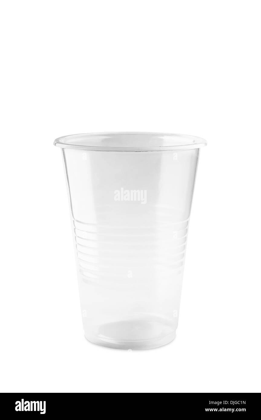Translucent empty plastic glass on white background Stock Photo