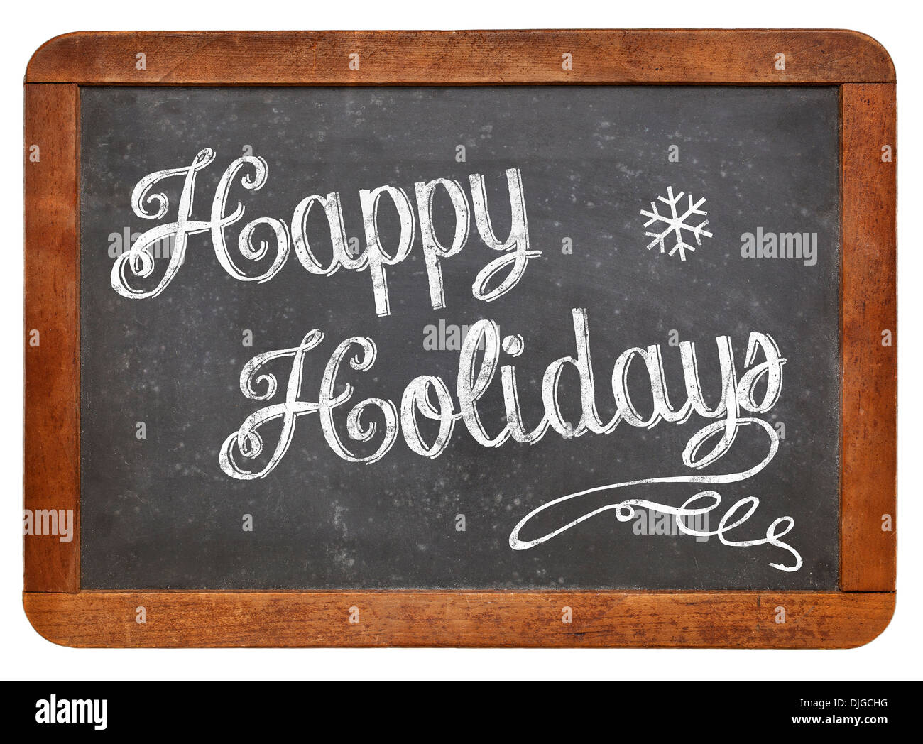 Happy Holiday - white chalk handwriting on a vintage slate blackboard isolated on white Stock Photo