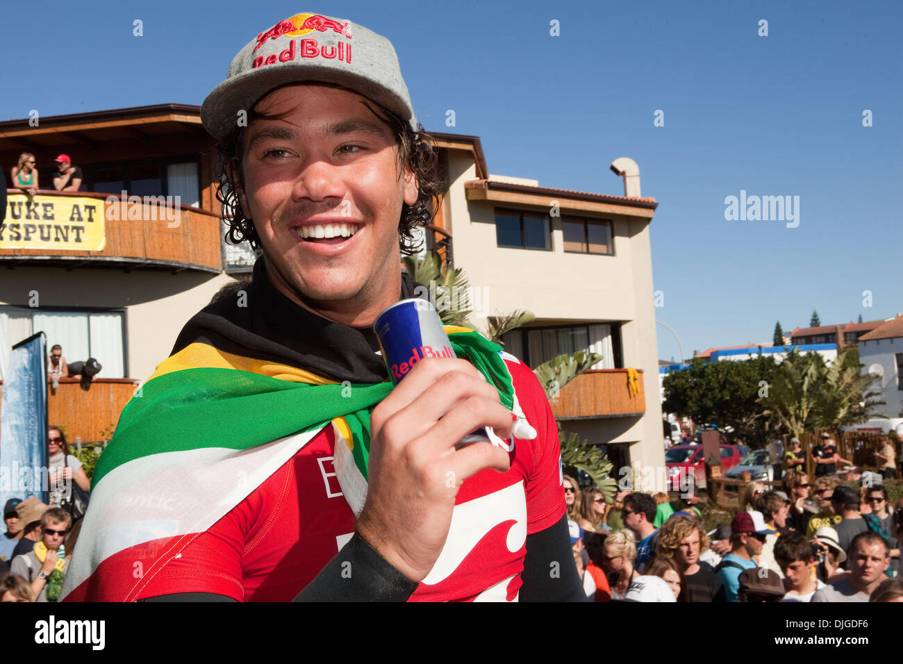 Jul 19, 2010 - Jeffreys Bay, South Africa - Drinking a Red Bull South African JORDY SMITH clams his maiden victory on the WT, making him the first South African to win a World Tour event since Shaun Tomson, the first South African to make a final in Jeffreys Bay, and the first South African to lead the ratings since the inception of the new World Tour. And all on Mandela's birthday Stock Photo