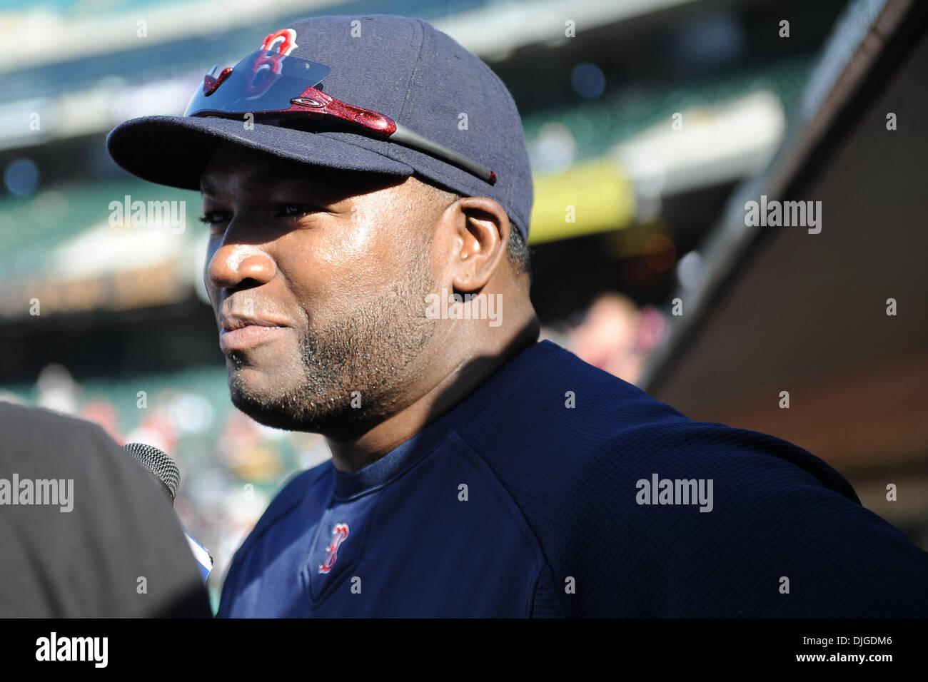 July 19, 2010 - Oakland, California, United States of America - 19 July 2010: Boston Red Sox DH David Ortiz (34) gives an interview to local TV before the MLB game between the Oakland Athletics and the Boston Red Sox at Oakland-Alameda County Coliseum in Oakland, CA.  The visiting Red Sox held on for a 2-1 win..Mandatory Credit: Matt Cohen / Southcreek Global (Credit Image: © South Stock Photo