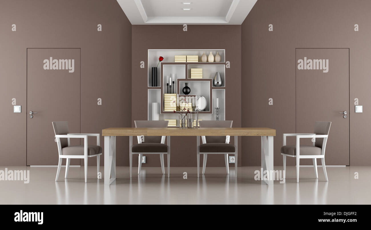 Brown dining room with two doors flush with the wall and bookcase - rendering Stock Photo
