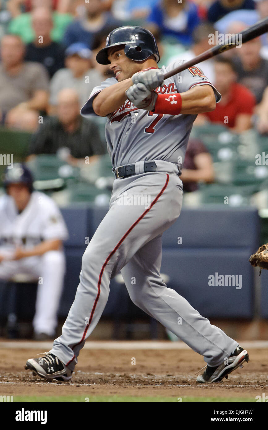 July 23, 2010 - Milwaukee, Wisconsin, United States of America - 23 July 2010:  Washington Nationals catcher Ivan Rodriguez (7) hits a 4th inning single during the game between the Milwaukee Brewers and Washington Nationals at Miller Park in Milwaukee, Wisconsin.  The Brewers defeated the Nationals 7-5.  Mandatory Credit: John Rowland / Southcreek Global (Credit Image: © Southcreek Stock Photo