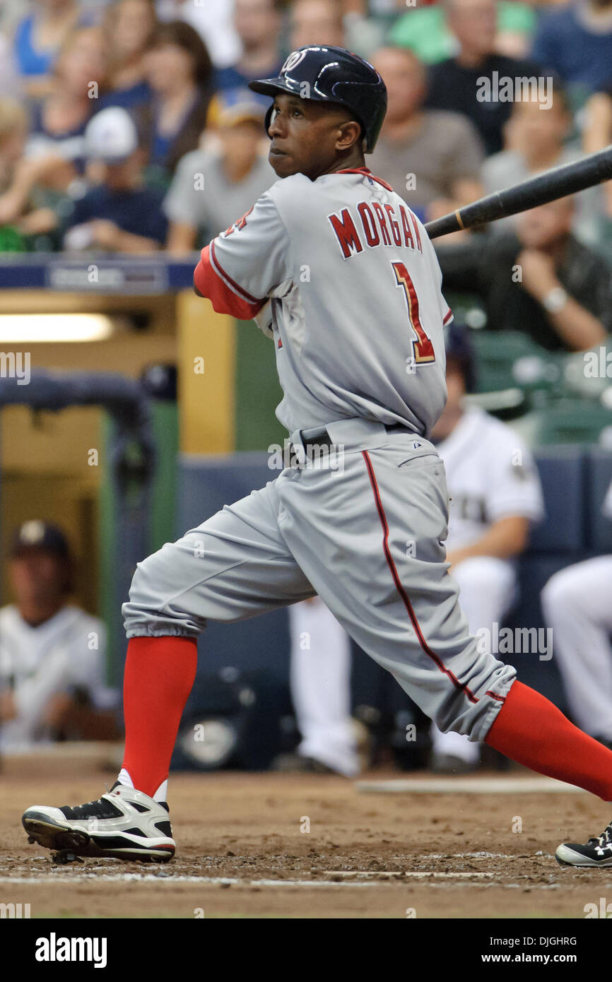 Washington Nationals center fielder Nyjer Morgan (1) during the game  between the Milwaukee Brewers and Washington Nationals at Miller Park in  Milwaukee, Wisconsin. The Brewers defeated the Nationals 7-5. (Credit  Image: ©