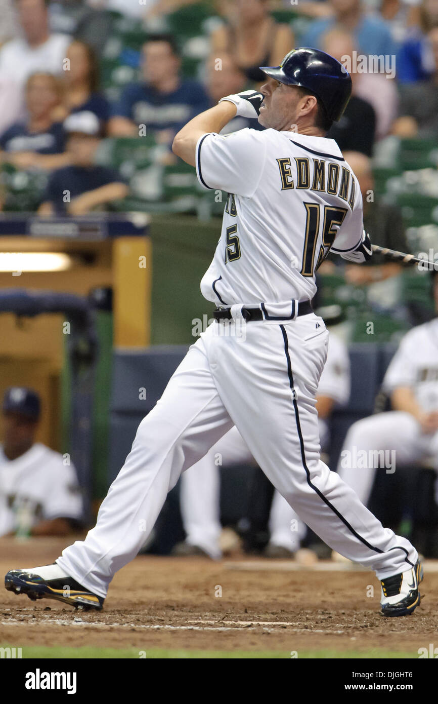 Milwaukee Brewers right fielder Jim Edmonds (15) hits a 2 run homerun  during 7th inning of the game between the Milwaukee Brewers and Washington  Nationals at Miller Park in Milwaukee, Wisconsin. The