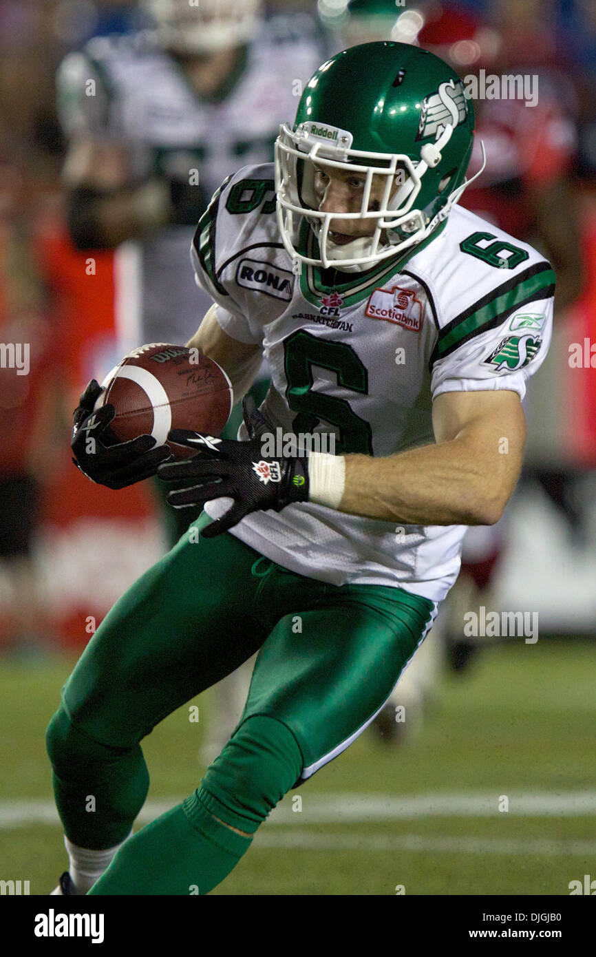 July 24, 2010 - Calgary, Alberta, Canada - 24 July 2010: Saskatchewan Roughriders wide receiver Rob Bagg (6)during a game against the Calgary Stampeders at McMahon Stadium in Calgary, Alberta.  The Calgary Stampeders defeated the Saskatchewan Roughriders 40 to 20..Mandatory Credit: Irena Thompson / Southcreek Global (Credit Image: Â© Southcreek Global/ZUMApress.com) Stock Photo