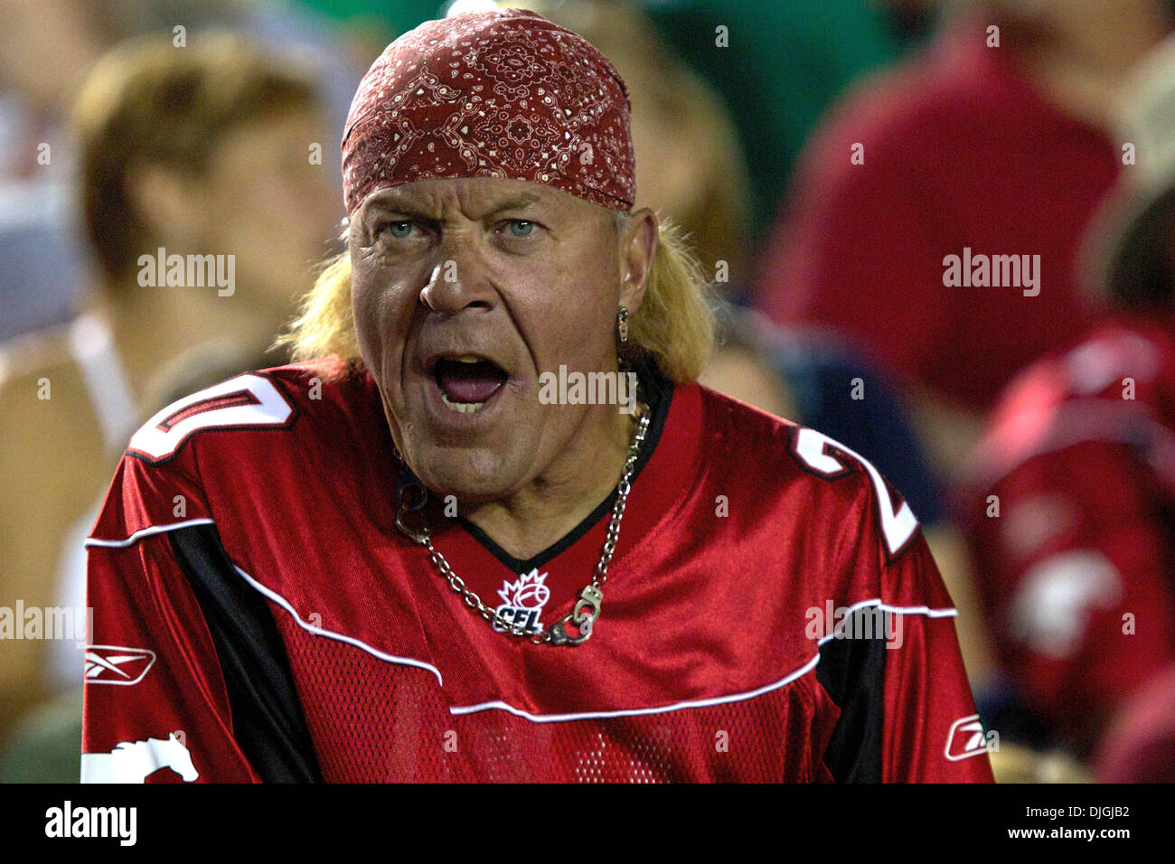 July 24, 2010 - Calgary, Alberta, Canada - 24 July 2010: A spirited Calgary Stampeders fan shouts during a game against the Saskatchewan Roughriders at McMahon Stadium in Calgary, Alberta.  The Calgary Stampeders defeated the Saskatchewan Roughriders 40 to 20..Mandatory Credit: Irena Thompson / Southcreek Global (Credit Image: Â© Southcreek Global/ZUMApress.com) Stock Photo