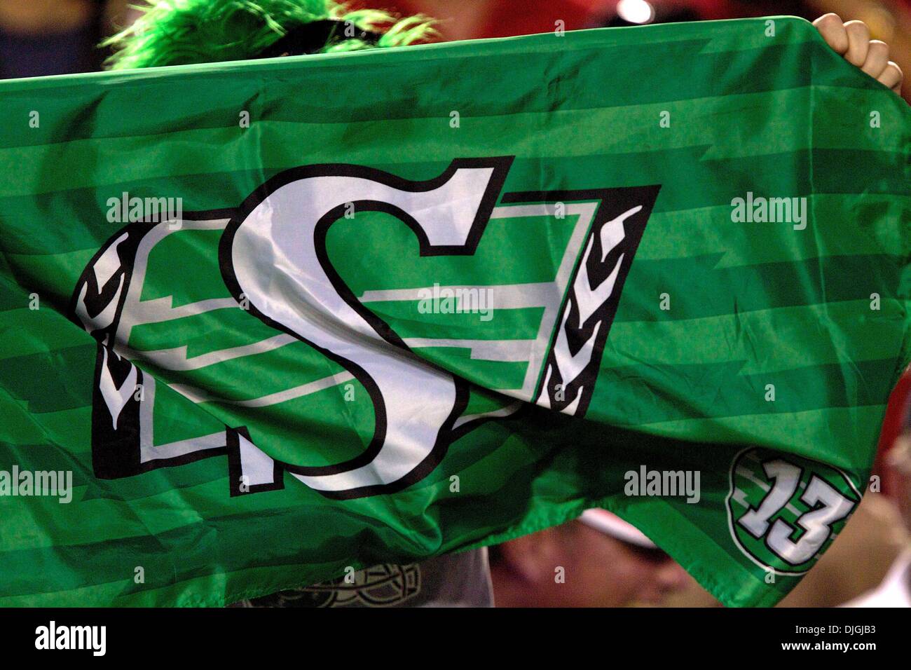 July 24, 2010 - Calgary, Alberta, Canada - 24 July 2010: A Saskatchewan Roughriders fan shows her support during a game against the Calgary Stampeders at McMahon Stadium in Calgary, Alberta.  The Calgary Stampeders defeated the Saskatchewan Roughriders 40 to 20..Mandatory Credit: Irena Thompson / Southcreek Global (Credit Image: Â© Southcreek Global/ZUMApress.com) Stock Photo