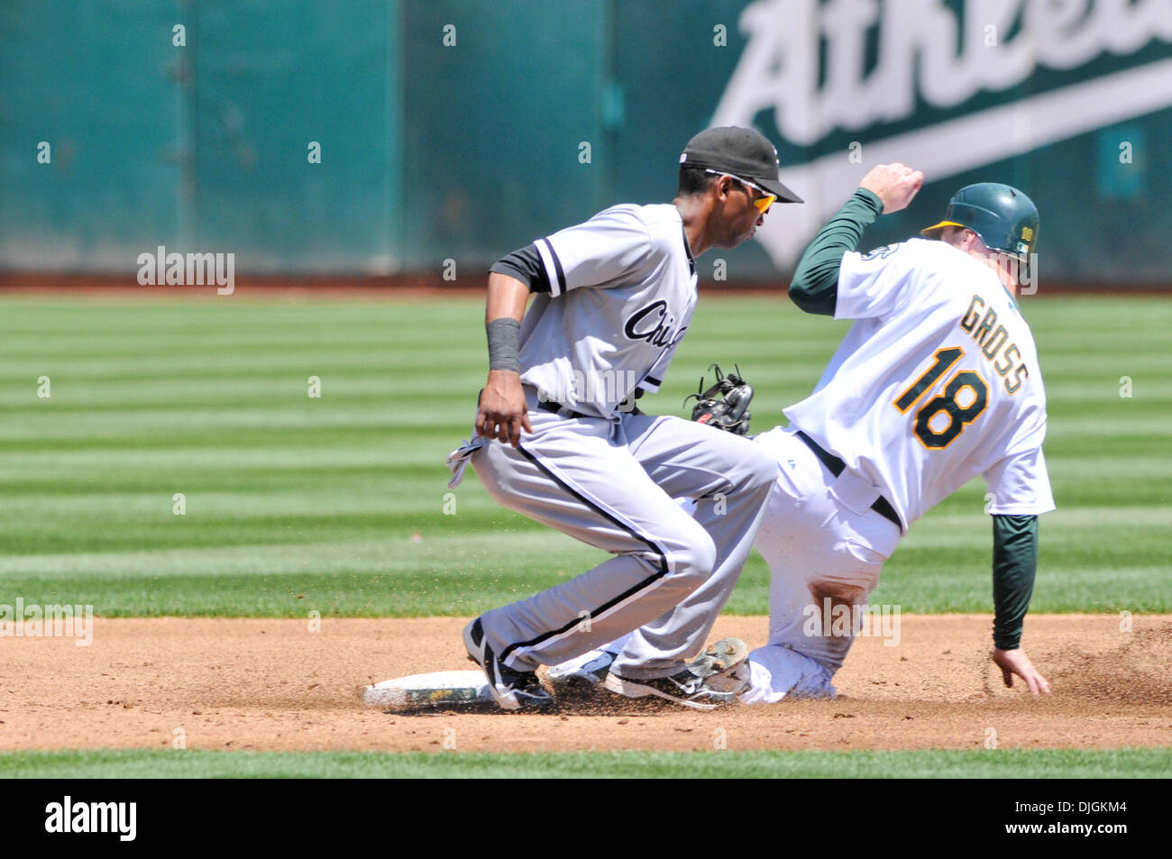 July 25, 2010 - Oakland, CA, U.S. - 25 Jul, 2010; Oakland, CA, USA; Oakland Athletics outfielder Gabe Gross (18) is safe at second in the third inning during Sunday's game at Oakland-Alameda County Coliseum.  The Athletics beat the White Sox 6-2 and won the series. (Credit Image: © Scott Beley/Southcreek Global/ZUMApress.com) Stock Photo