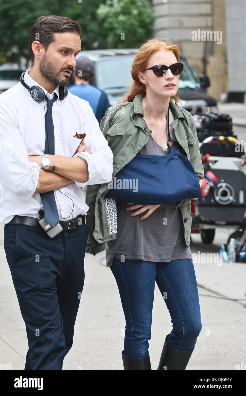 Ned Benson and Jessica Chastain on the set of her new movie 'The Stock