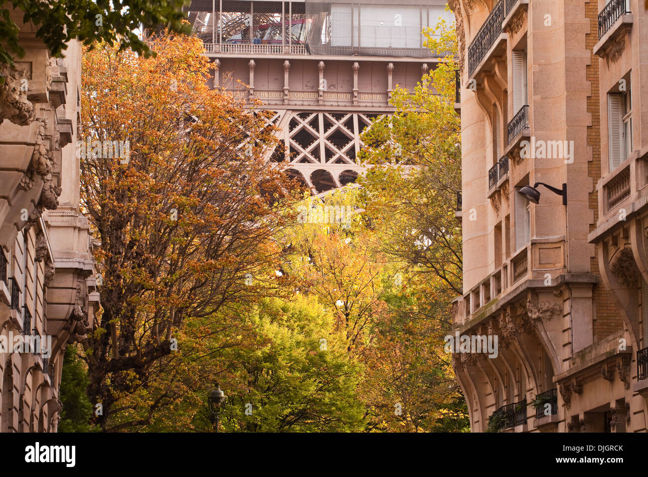 Looking between the streets of Paris to the Eiffel Tower. Stock Photo