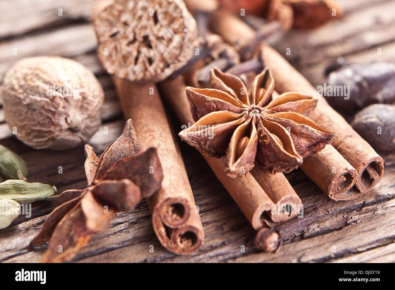 Spices on a old wooden table. Stock Photo