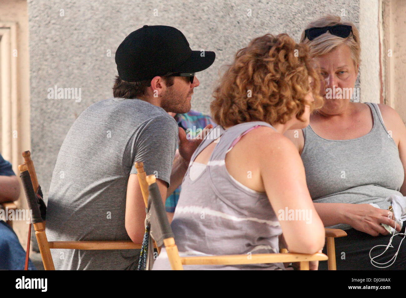 Jake Gyllenhaal visits his mom, director and screenwriter Naomi Foner on the set of her movie 'Very Good Girls' Dakota Fanning and Elizabeth Olsen star as young girls who both fall for the same street artist, played by Boyd Holbrook. Demi Moore also appea Stock Photo